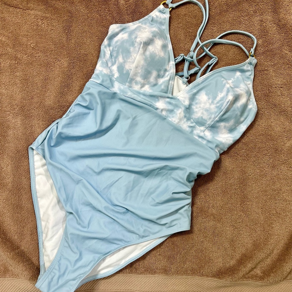 SHEIN Light Blue & White Tie-Dye One-Piece Swimsuit